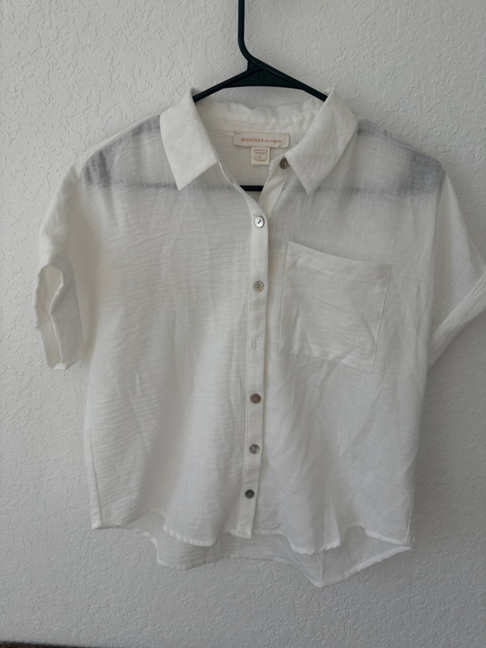 Monteau White Button-Up Short Sleeve Pocket Blouse